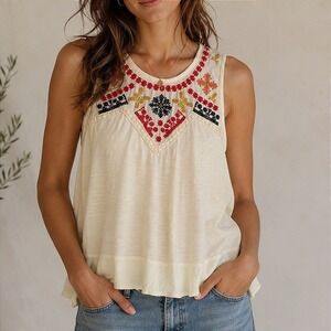 Coco + Jameson Embroidered Boho Womens Medium Ivory Top Festival